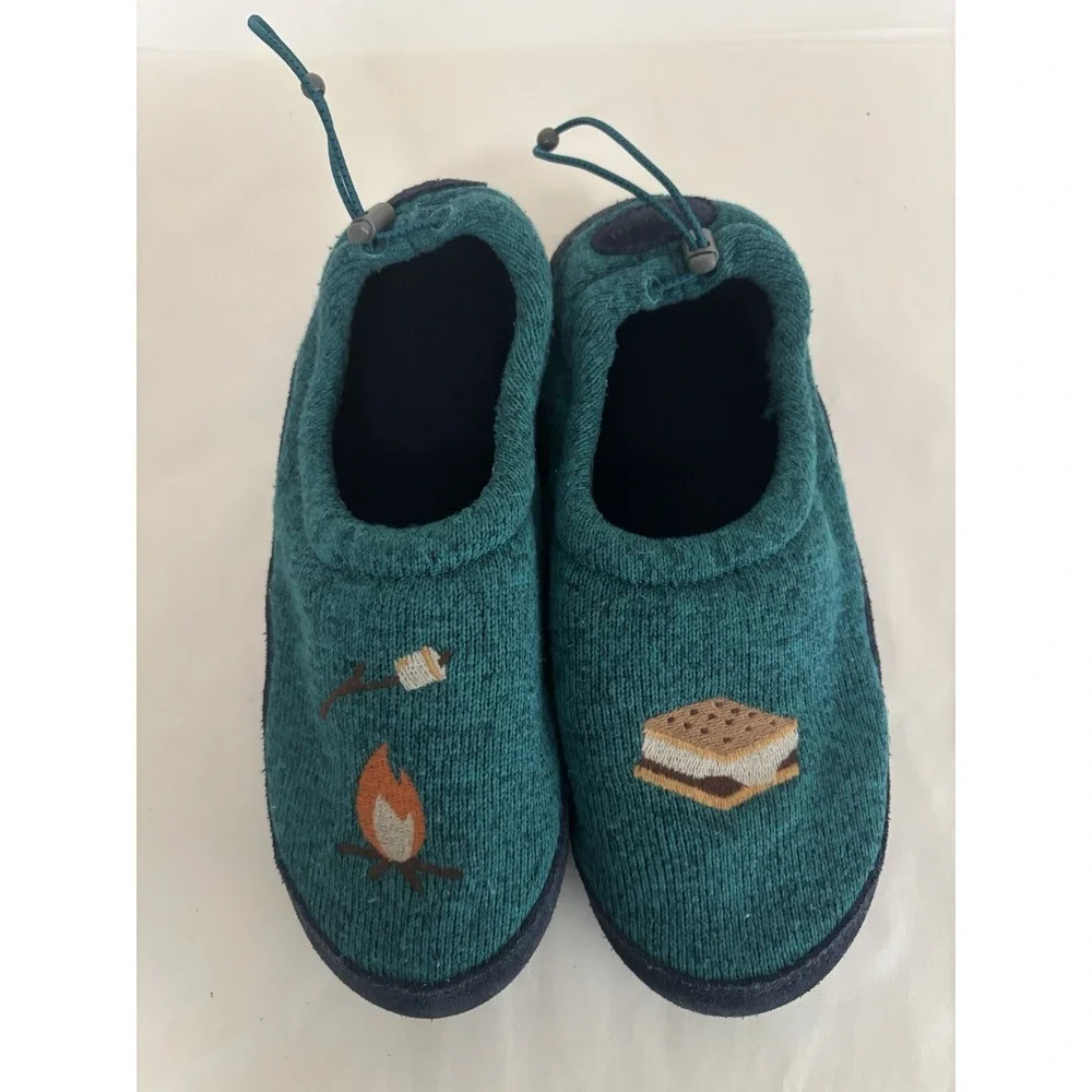 L.L. Bean Sweater Fleece Slippers Kids 5-6 Blue S'mores Motif Embroidered
